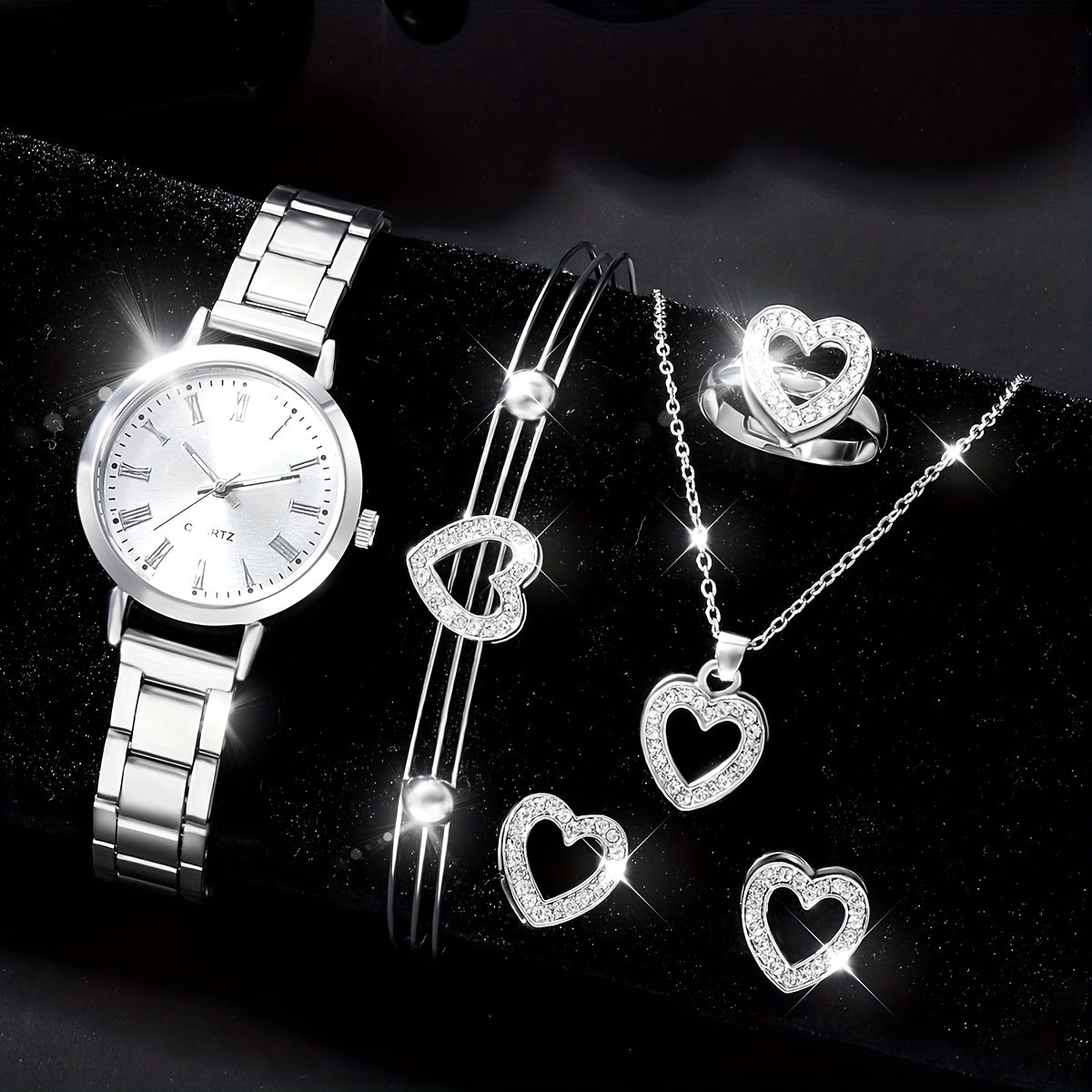 6pcs Roman Silver Steel Band Quartz Watch Rhinestone Men's Set