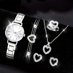 6pcs Roman Silver Steel Band Quartz Watch Rhinestone Men's Set