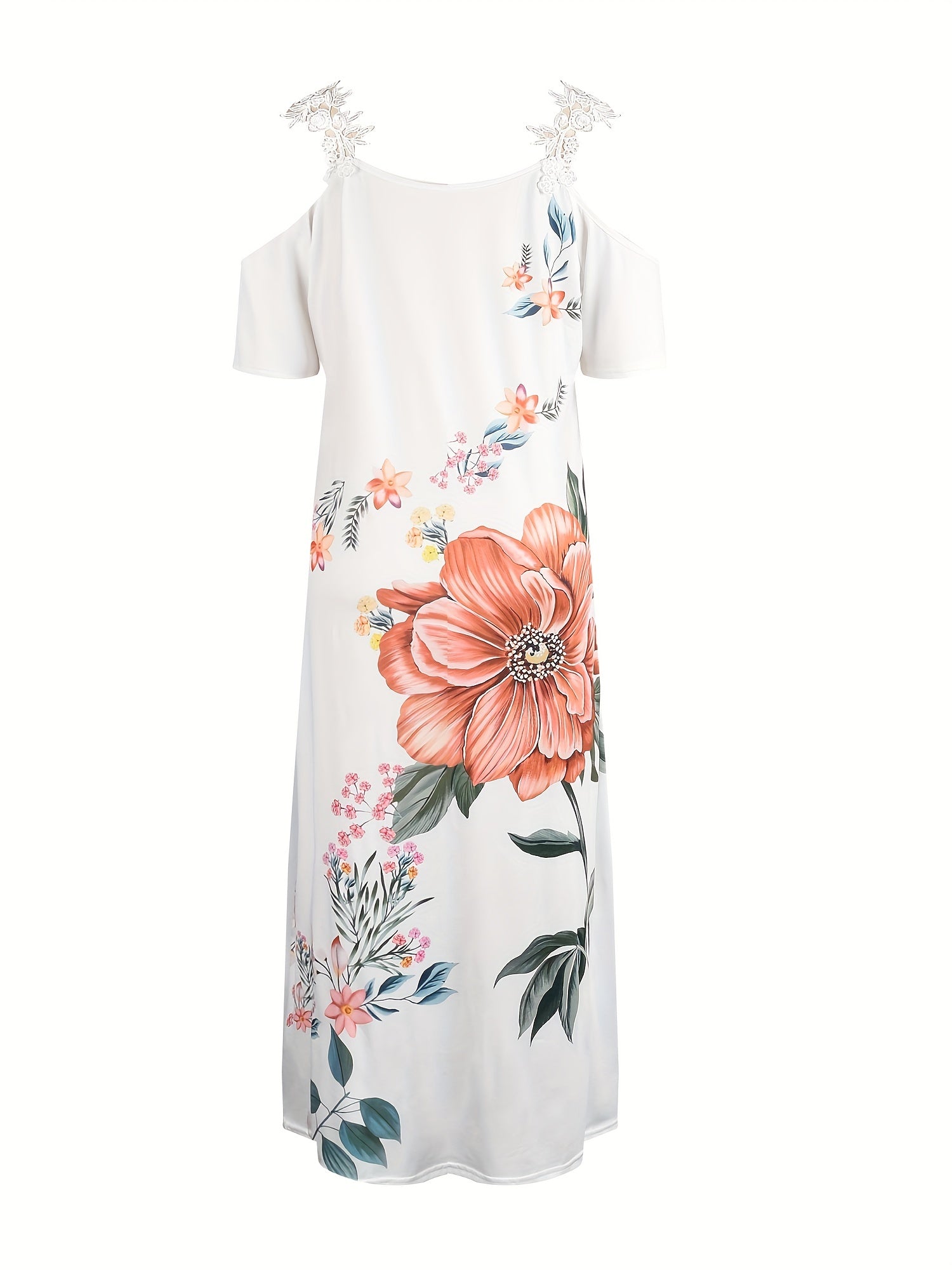 Floral Print Maxi Dress V Neck Casual Short Sleeve Lace Up