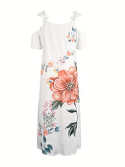 Floral Print Maxi Dress V Neck Casual Short Sleeve Lace Up