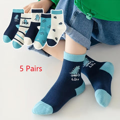 5 Pairs Dinosaur Pattern Socks for Kids - Breathable Casual Outdoor Sports Wear