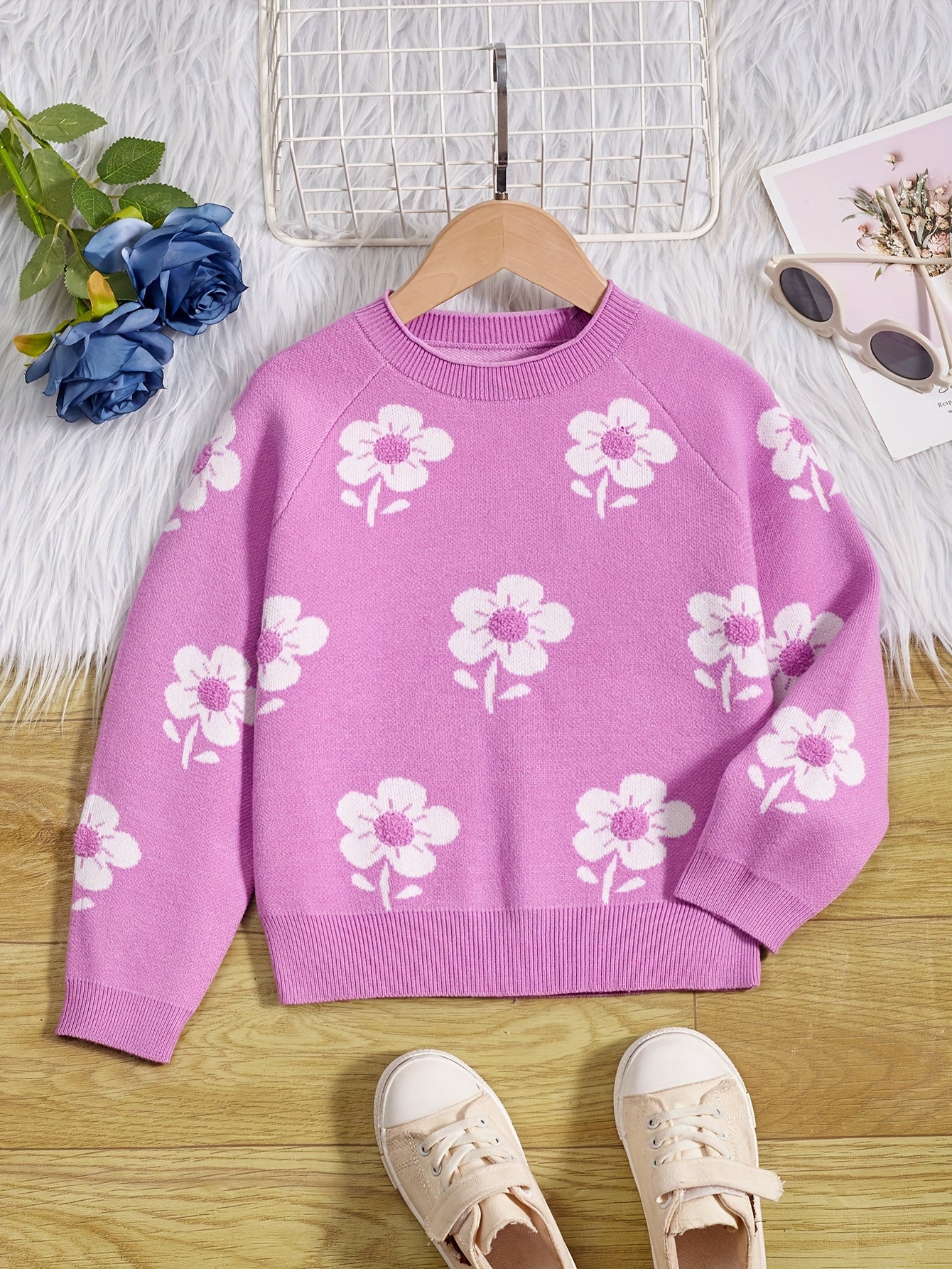 Girls' Flower Jacquard Knitted Crewneck Long Sleeve Sweater