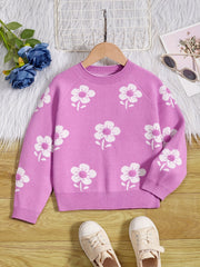 Girls' Flower Jacquard Knitted Crewneck Long Sleeve Sweater