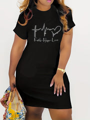 Casual Dress Women's Plus Rhinestone Letter Print Short Sleeve