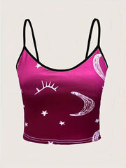 Graphic Print Spaghetti Strap Top Backless Crop Cami