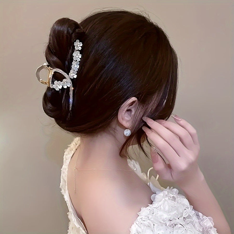 Large Hair Claw Clip Camellia & Rhinestones Non slip Hair Clip Women Girls