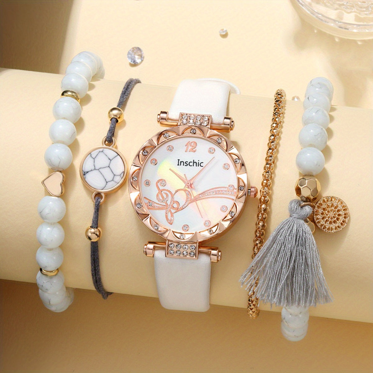 Leather Quartz Watch & Agate Bracelet Set Gift