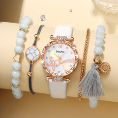 Leather Quartz Watch & Agate Bracelet Set Gift