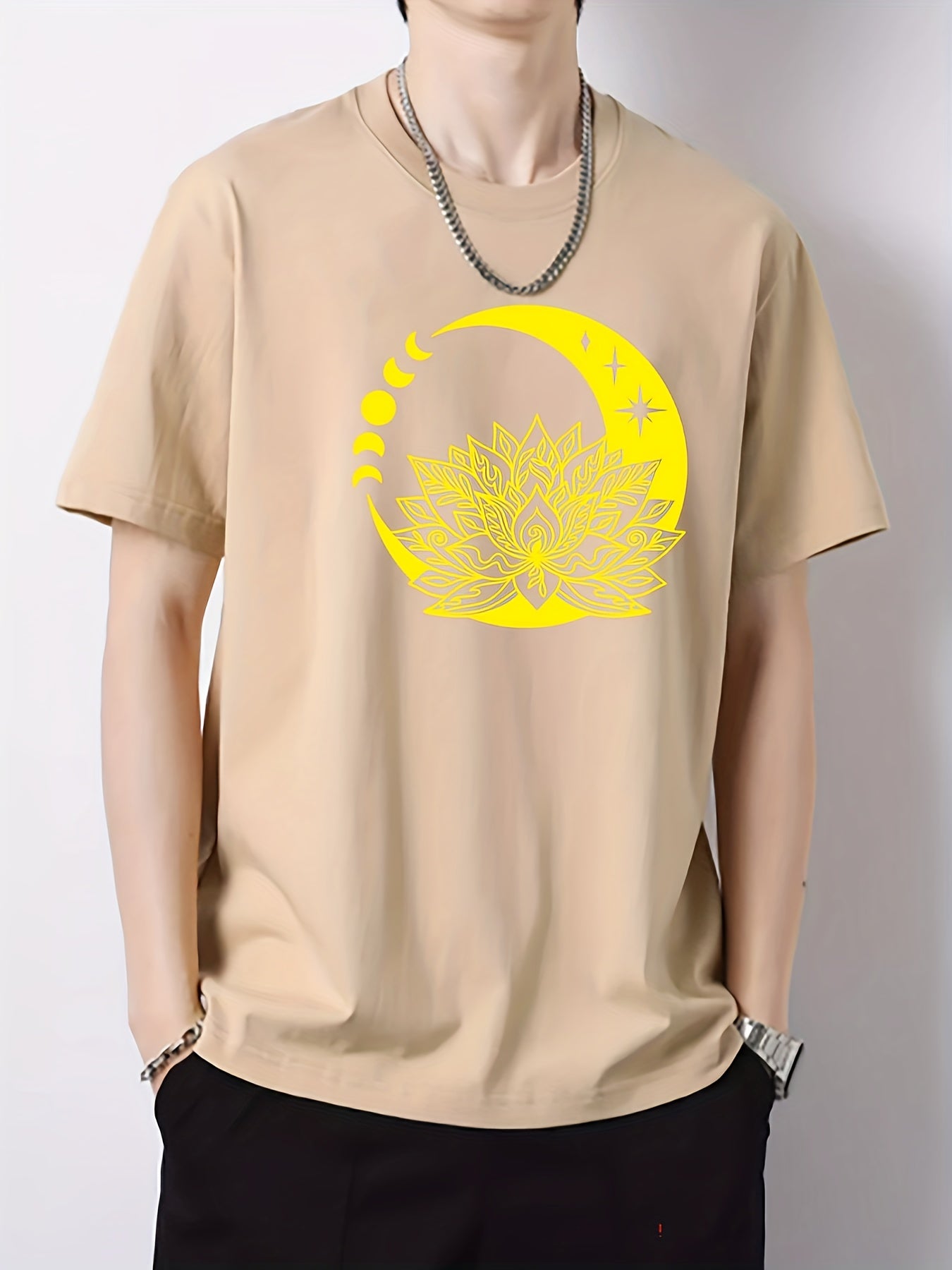 Cotton Moon Print Men's Graphic Crew Neck Active T shirt