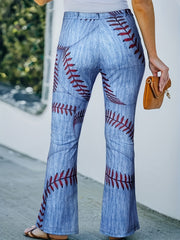Leaf Print Flare Leg Jeans Casual Button Fly Denim Pants