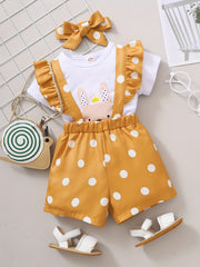 Baby Girl Rabbit Print Outfit Set - T-shirt, Polka Dot Shorts, Headband