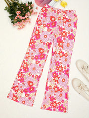 Girls Floral Flared Pants Elastic Waist Slim Fit Casual Bell Bottom