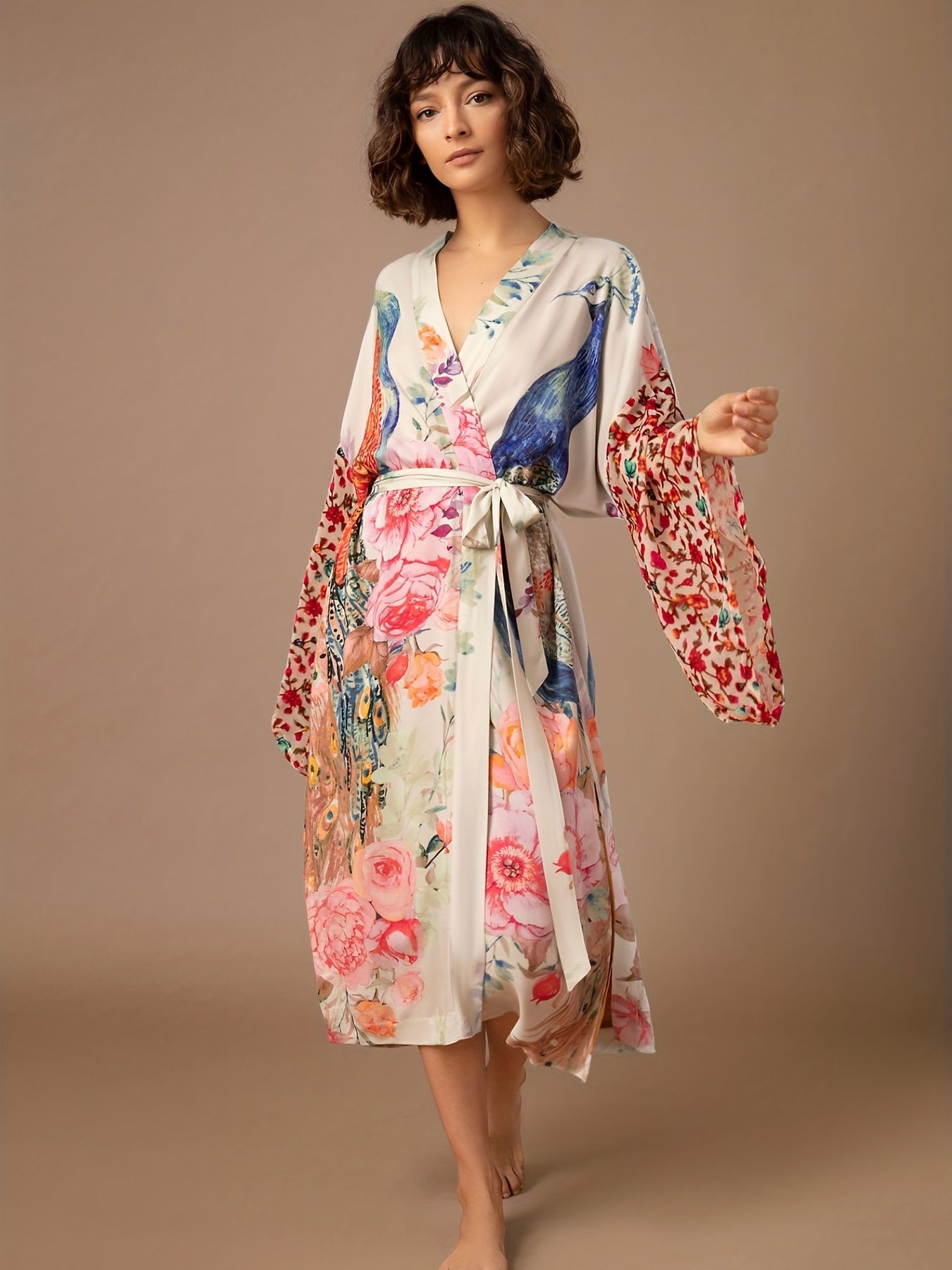 Floral Peacock Print Cover Up Kimono Long Sleeves Loose