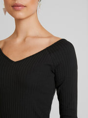 Solid Long Sleeve V Neck Ribbed Knit Shirt for Women Casual Sports Top
