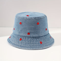 Heart Embroidered Bucket Hat Washed Distressed Denim Fisherman Cap