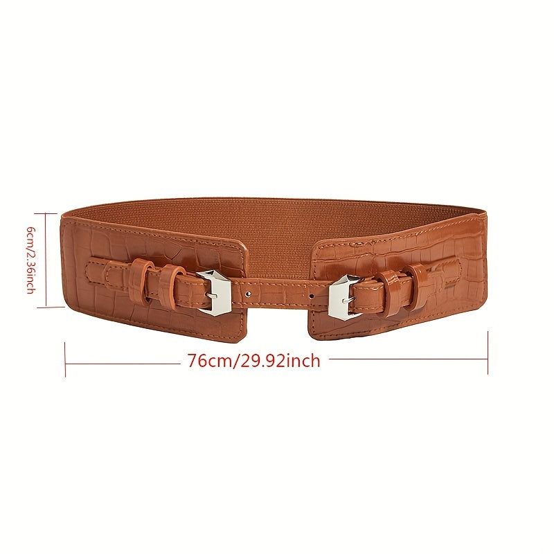 Crocodile Print Double Needle Buckle Elastic Belt Lanyard