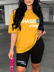 Letter Print Casual Set Crew Neck Tee & Slim Shorts