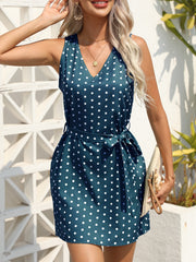 Polka Dot Tie Front Dress V Neck Sleeveless