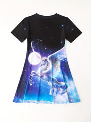 Girls Dreamy Unicorn Short Sleeve Dress 3D Print Summer Clothes Gift