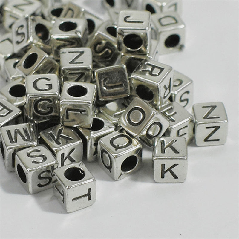 100pcs Antique Silvery Letter Acrylic Beads Cube Spacer DIY Jewelry Making
