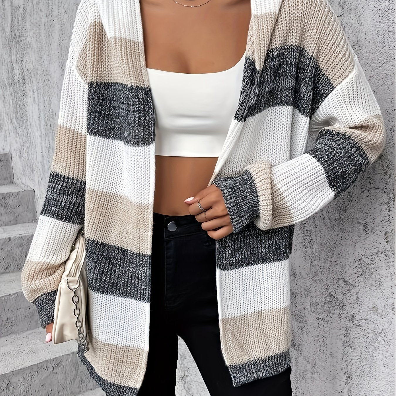 Block Hooded Cardigan Long Sleeve For Women
