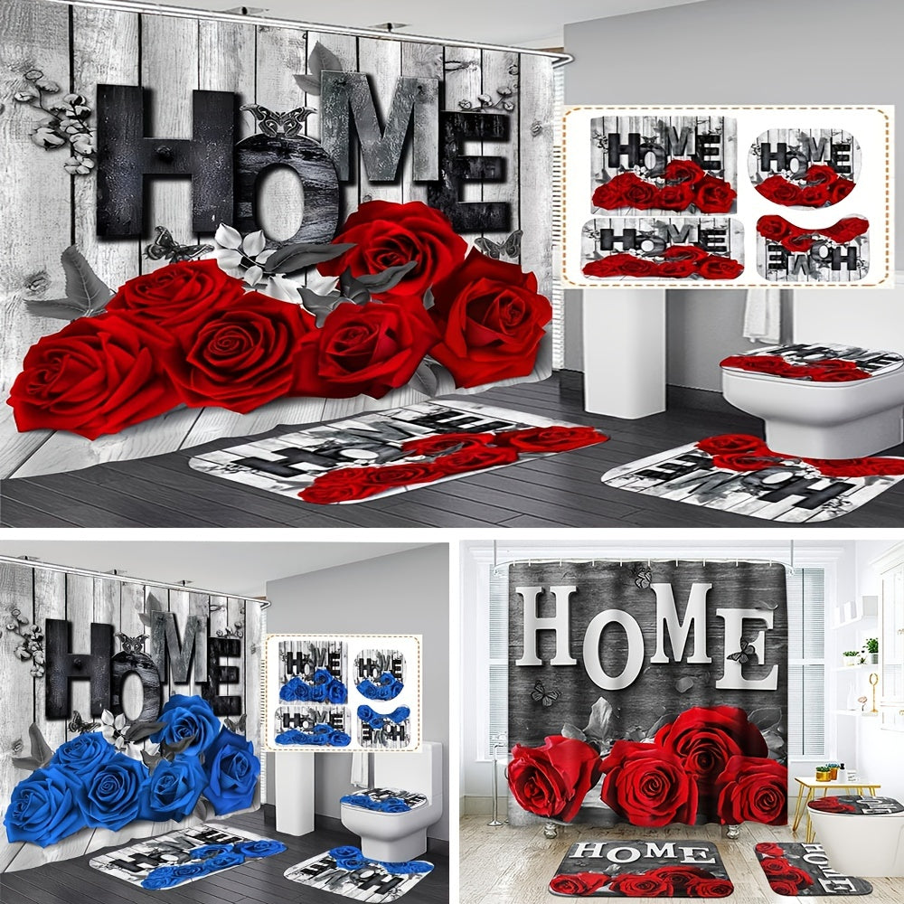 4pcs Red Rose Shower Curtain Set with Hooks & Bathroom Rug