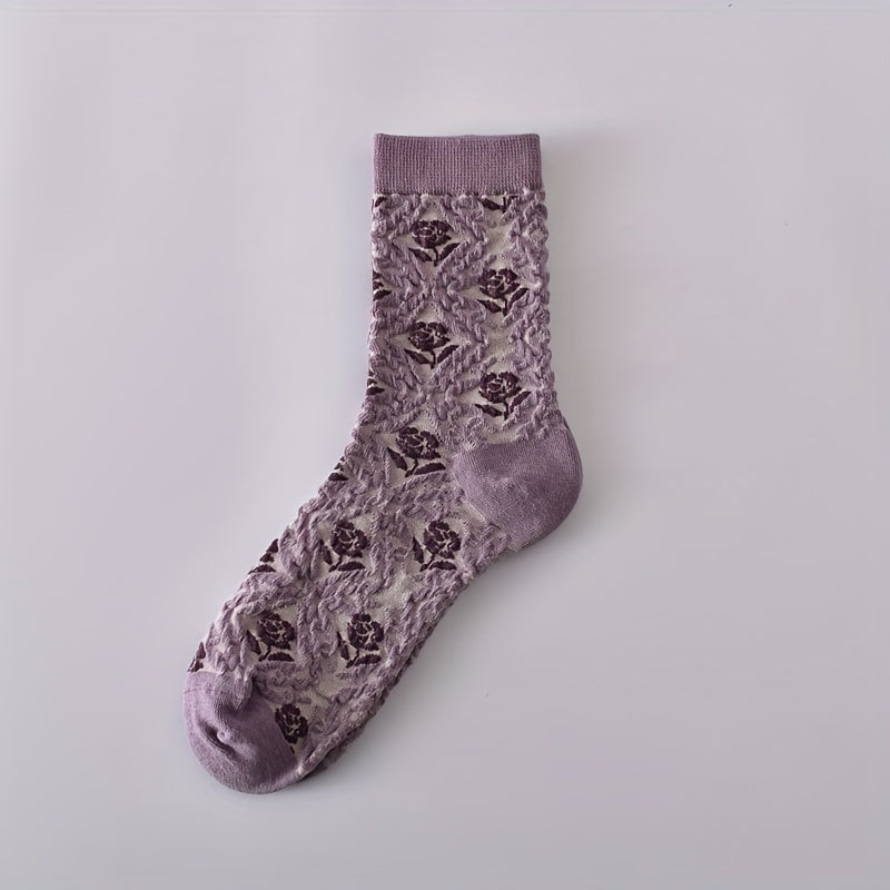 5 Pairs 3D Floral Textured Socks Retro Ethnic Style Mid Tube Women's Stockings