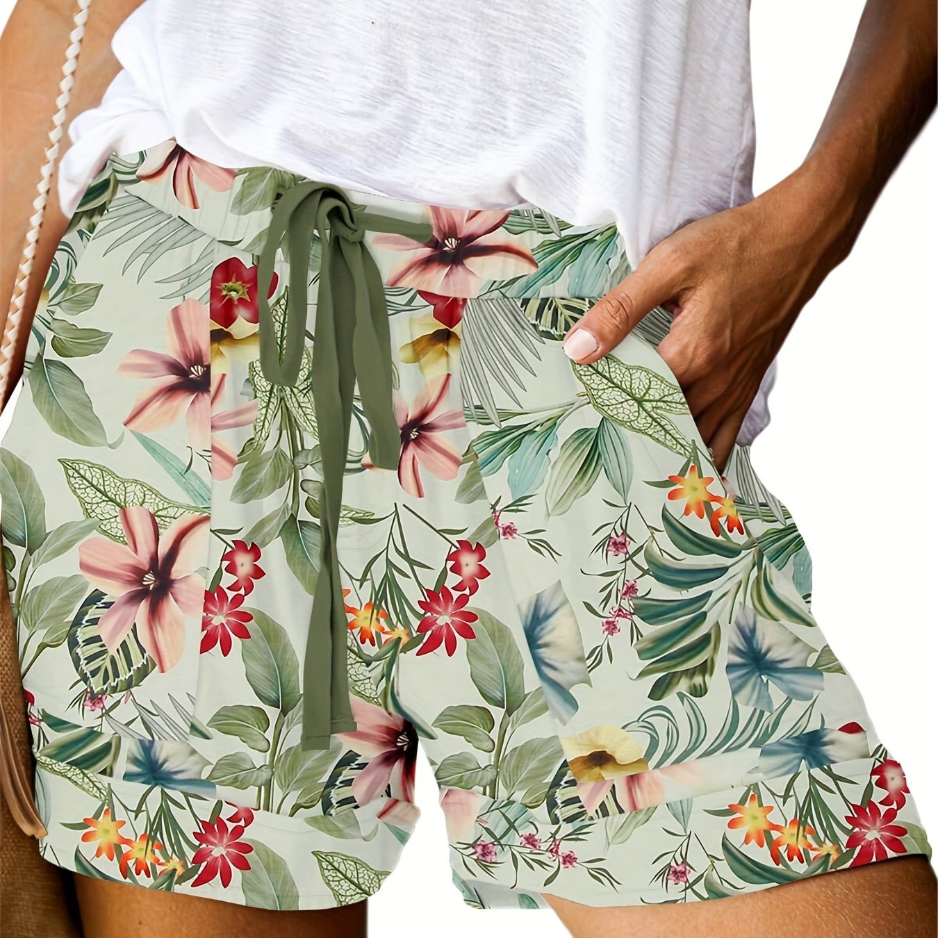 Boho Floral Print Tie Waist Shorts Vacation Elastic Drawstring Summer Shorts