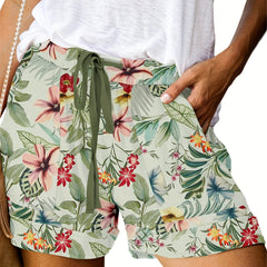 Boho Floral Print Tie Waist Shorts Vacation Elastic Drawstring Summer Shorts