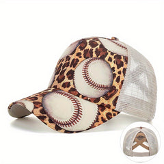Leopard Print Ponytail Baseball Cap Beige Trucker Hat