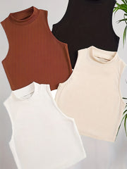 4 Pack Ribbed Tank Tops Mock Neck Sleeveless Summer Casual Women's Clothing
