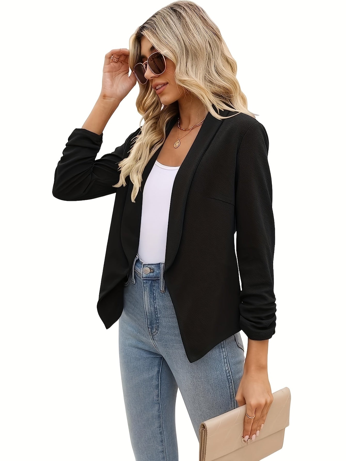 Ruched Solid Blazer Open Front Work Office Outerwear Women's Clothing