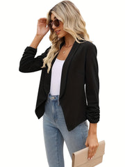 Ruched Solid Blazer Open Front Work Office Outerwear Women's Clothing