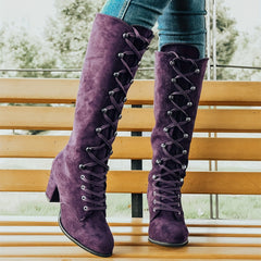 Women's Chunky Heeled Long Boots Lace Up Knee High Boots