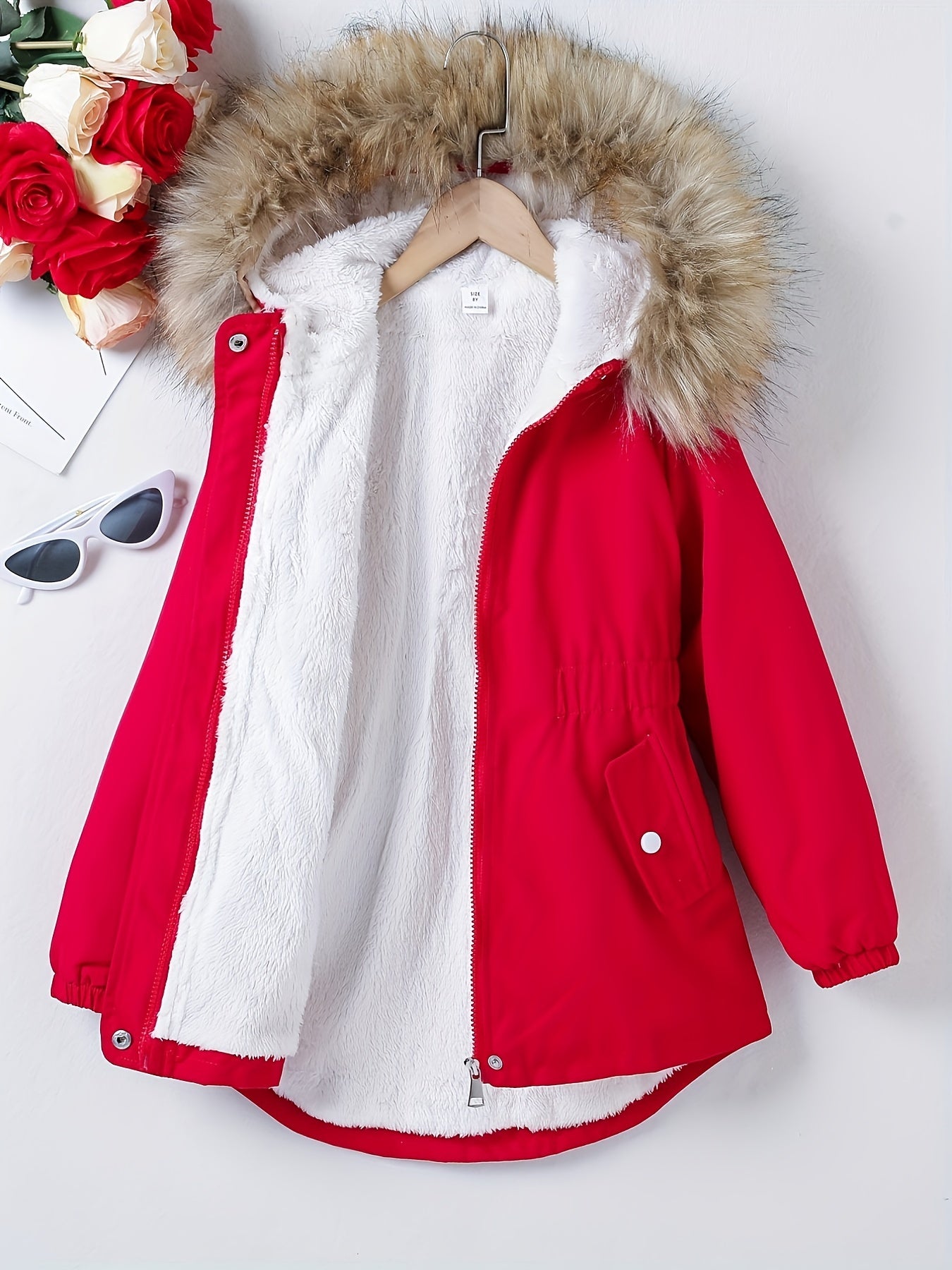 Girls Winter Fleece Hooded Jacket Coat with Drawstring Waist