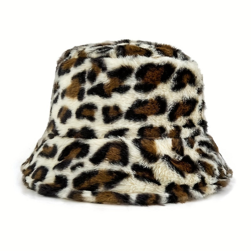Leopard Print Faux Fur Bucket Hat Winter Warmer Cap