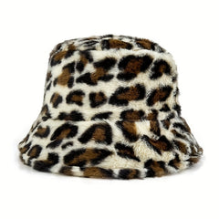 Leopard Print Faux Fur Bucket Hat Winter Warmer Cap