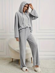 Solid Ribbed Hooded Top & Wide Leg Pants Set