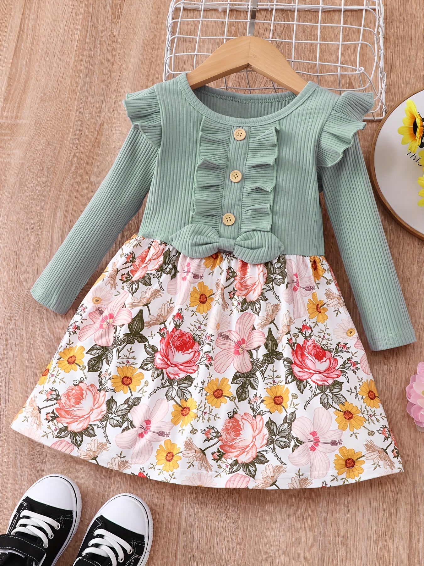 Toddler Kids Floral Print Bowknot Dress Long Sleeves Fall Dress For Girls