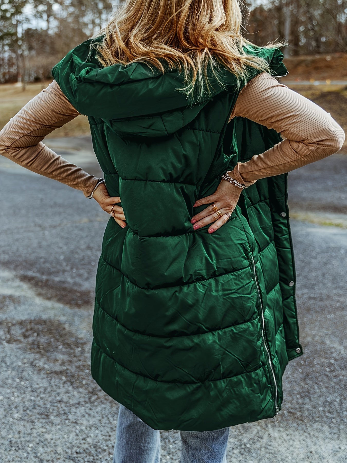 Sleeveless Hooded Puffer Long Vest Jacket Women's Clothing