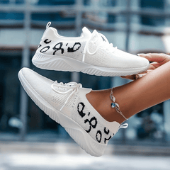 Leopard Print Sneakers Breathable Knitted Lace Up Low Top Running Shoes