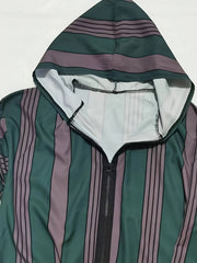 Islamic Arabic Hooded Kaftan Men Long Sleeve Vertical Striped V Neck