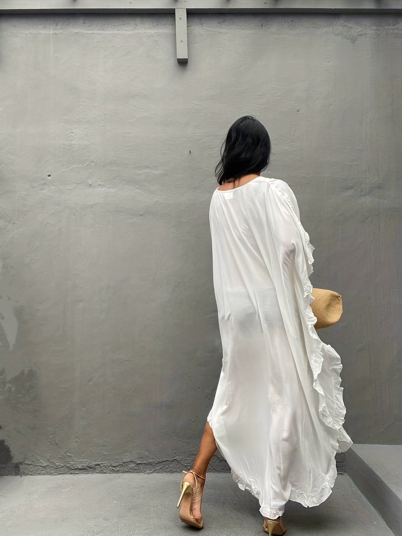 Ruffle Trim Bat Sleeve Cover Up Dress
