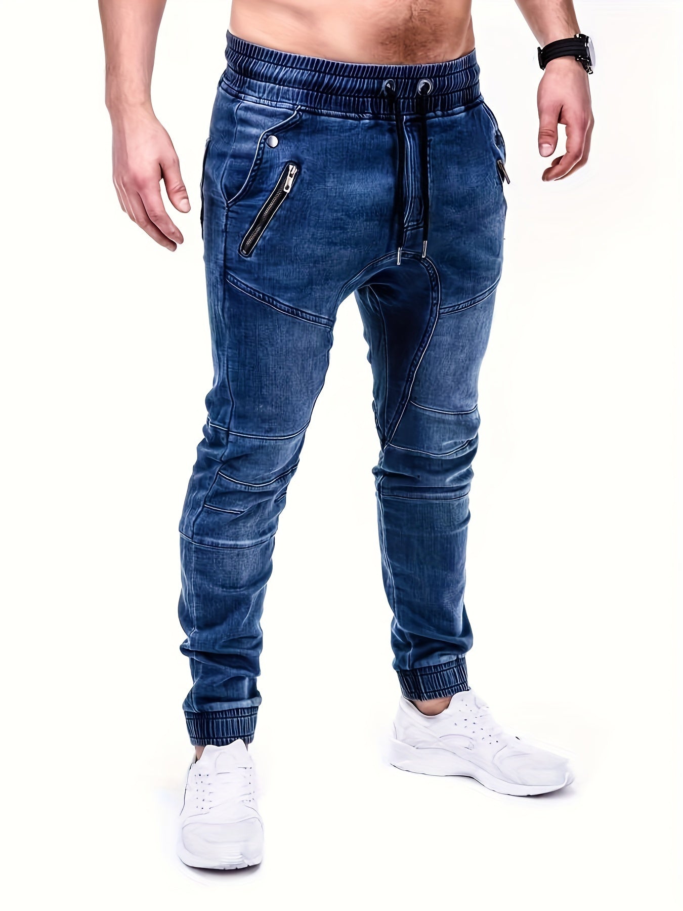 Men's Denim Cargo Pants Zip Pockets Jogger Pants