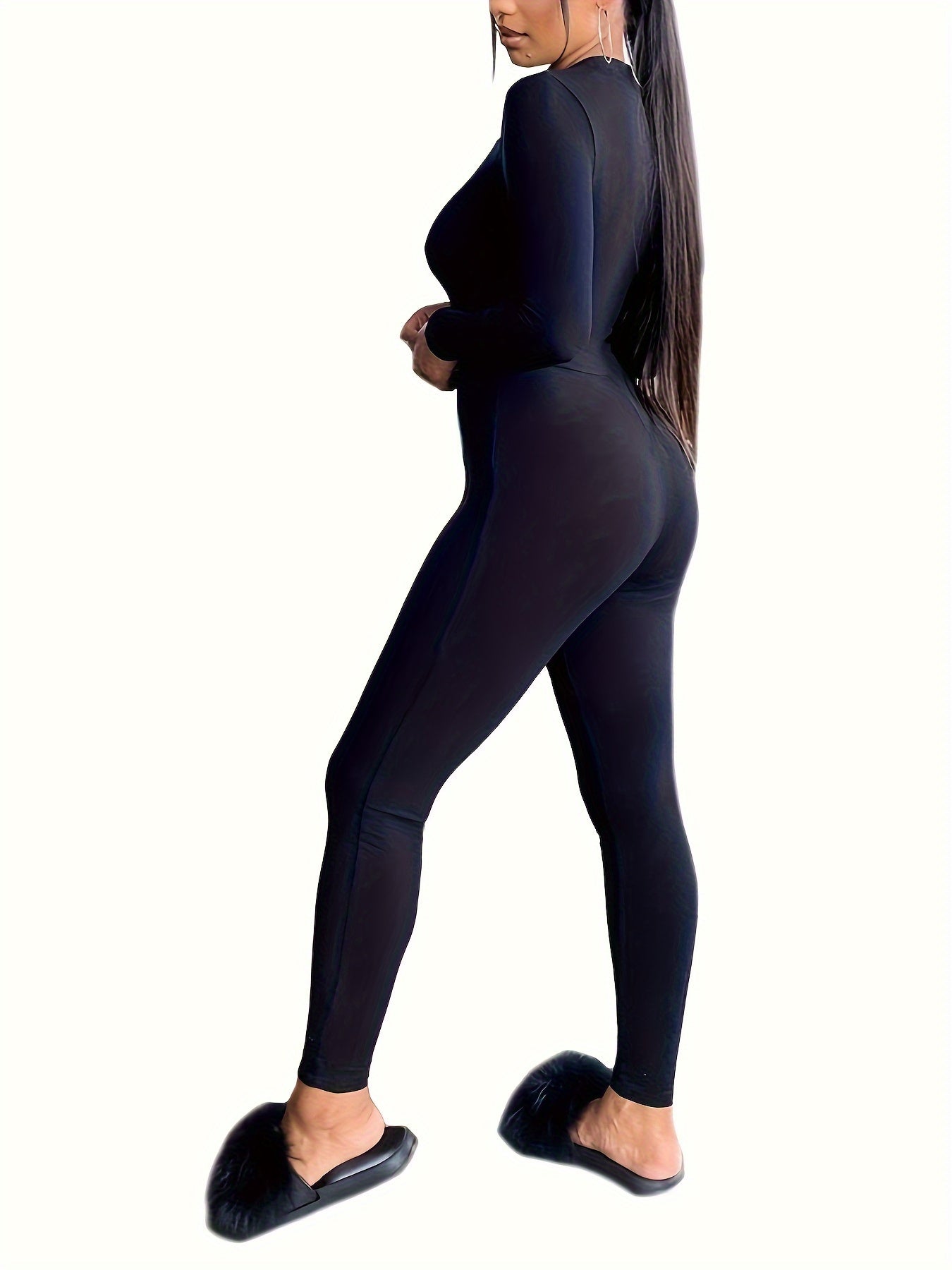 Solid Lounge Jumpsuit Long Sleeve V Neck Buttons Jumpsuit Women's Loungewear