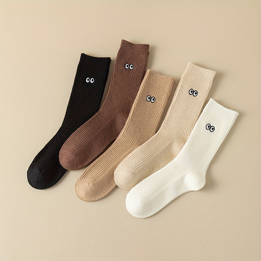 5 Pairs Eyes Embroidery Socks Comfy Mid Tube Stockings