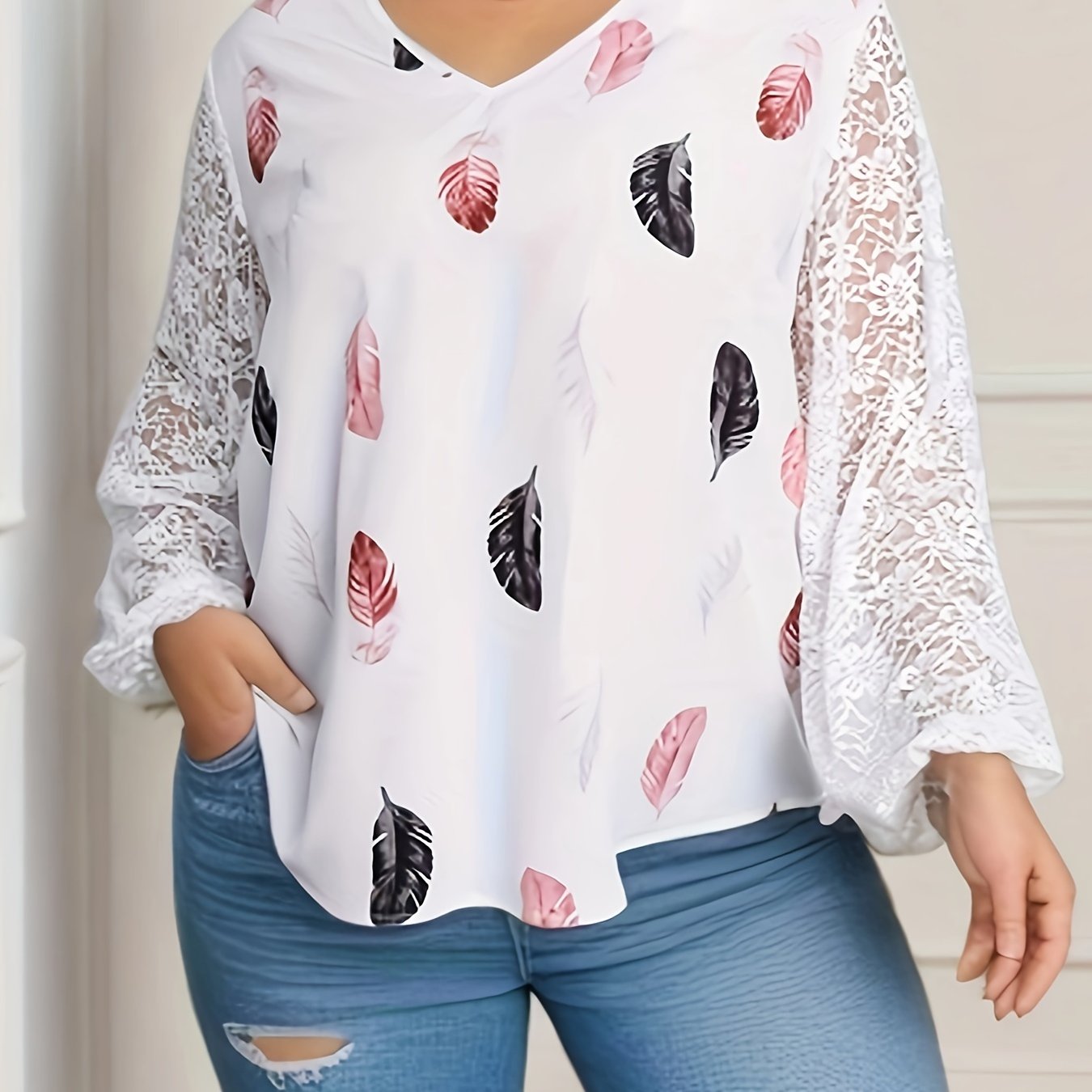 Casual Blouse Women's Plus Feather Print Lace Sleeve V Neck Top