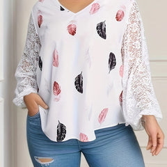 Casual Blouse Women's Plus Feather Print Lace Sleeve V Neck Top