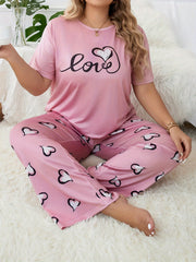 Heart Letter Graphic Pajama Set Round Neck Tee & Loose Pants 2 Piece