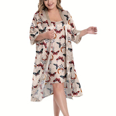 Plus Size Satin Butterfly Print Cami Nightdress & Long Sleeve Nightgown